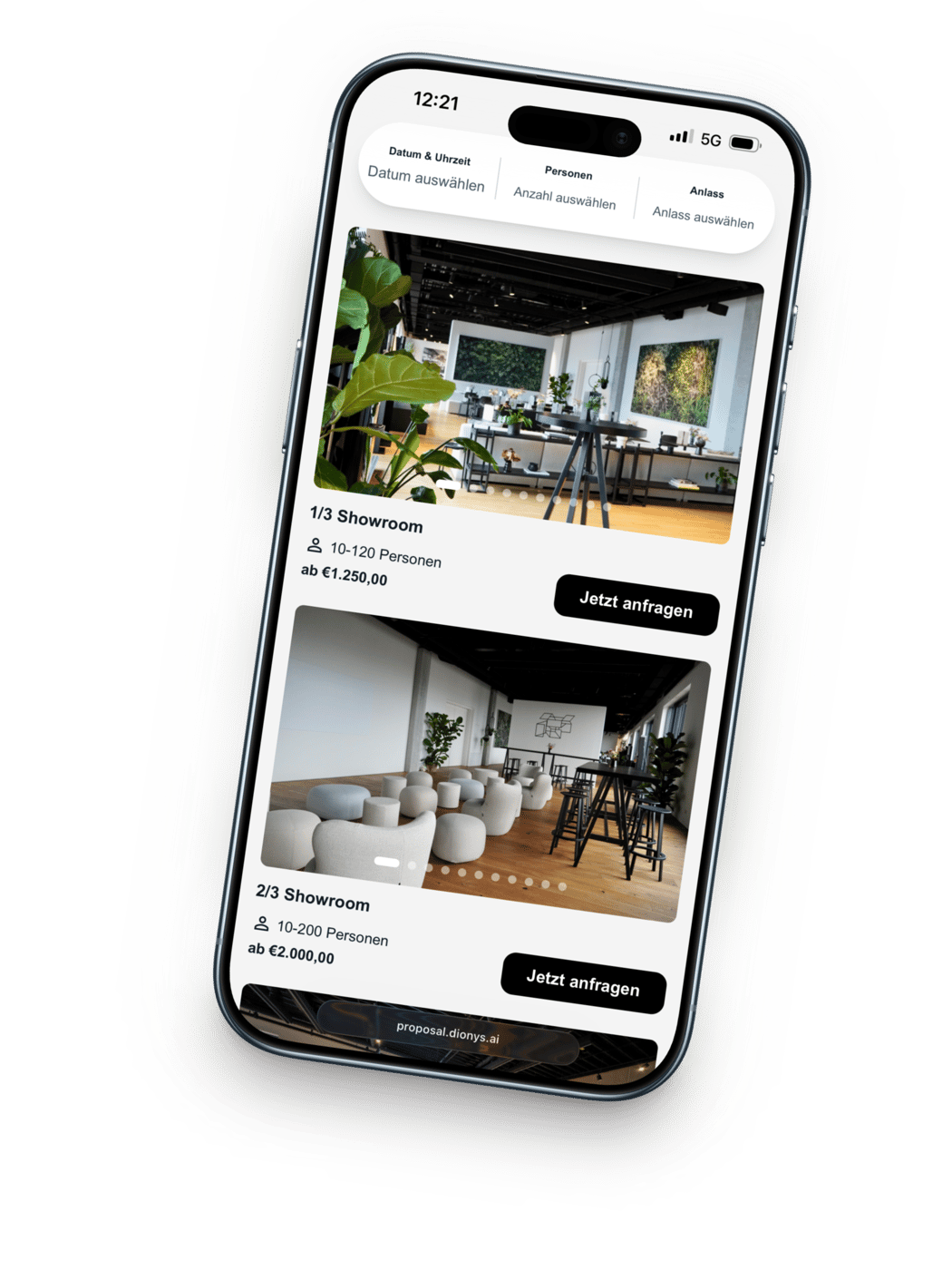 DIONYS Buchungsstrecke auf dem Smartphone mit fertigem Eventangebot